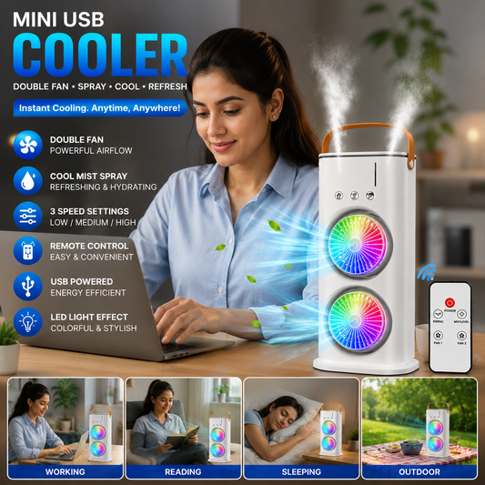 Double Fan Portable Mini USB Air Cooler Fan with Mist Humidifier & Remote | 3-Speed Rechargeable Mini AC Cooler for Home, Office & Desk