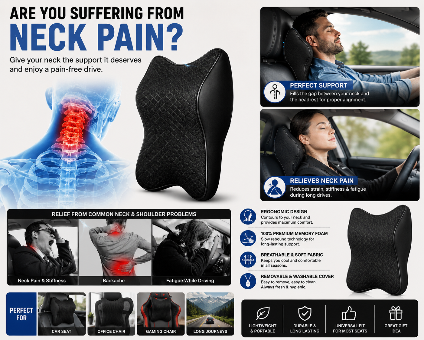Premium Memory Foam Car Neck Pillow | Ergonomic Headrest Cushion for Neck Pain Relief | Breathable Removable Cover