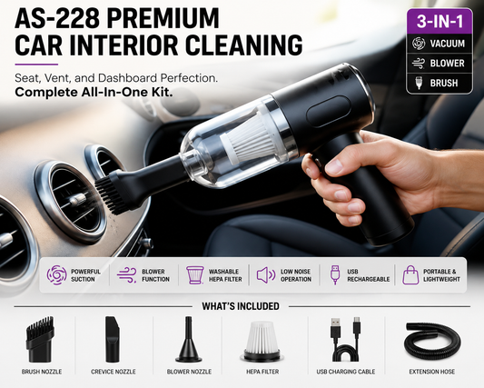 3-in-1 Portable Car Vacuum Cleaner & Air Blower | Wireless USB Rechargeable Mini Vacuum with Strong Suction & Washable HEPA Filter
