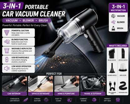 3-in-1 Portable Car Vacuum Cleaner & Air Blower | Wireless USB Rechargeable Mini Vacuum with Strong Suction & Washable HEPA Filter