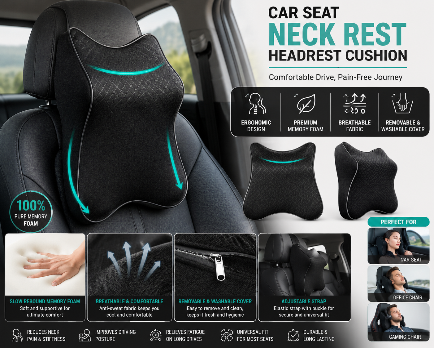 Premium Memory Foam Car Neck Pillow | Ergonomic Headrest Cushion for Neck Pain Relief | Breathable Removable Cover