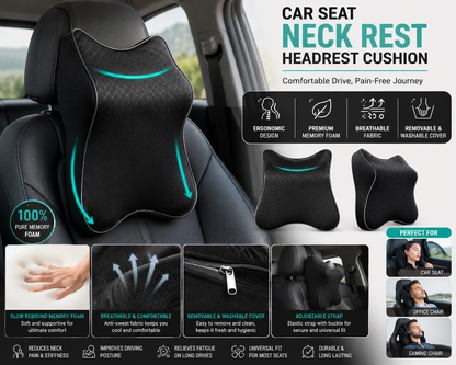 Premium Memory Foam Car Neck Pillow | Ergonomic Headrest Cushion for Neck Pain Relief | Breathable Removable Cover
