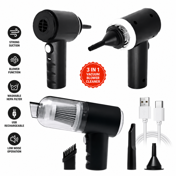 3-in-1 Portable Car Vacuum Cleaner & Air Blower | Wireless USB Rechargeable Mini Vacuum with Strong Suction & Washable HEPA Filter