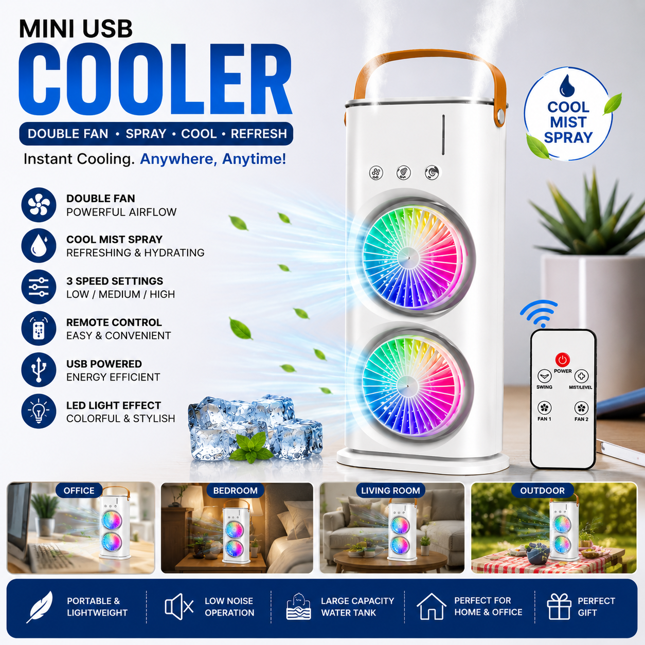 Double Fan Portable Mini USB Air Cooler Fan with Mist Humidifier & Remote | 3-Speed Rechargeable Mini AC Cooler for Home, Office & Desk